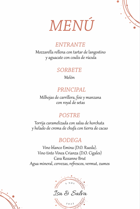 Minuta de comida y bebida boda friki